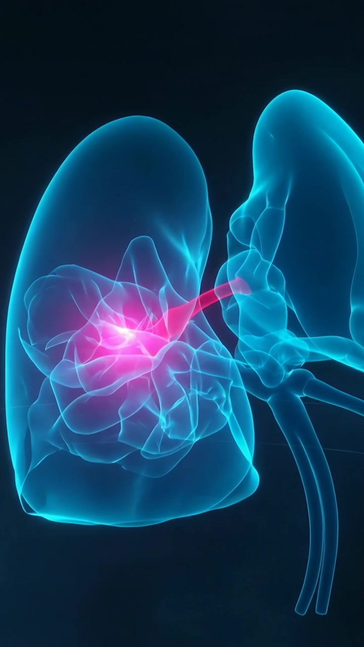 Video verticale: Polmoni 3D ciano che ruotano in riproduzione in una vista scura, con focus su vie aeree rosa pulsanti per i medici.
