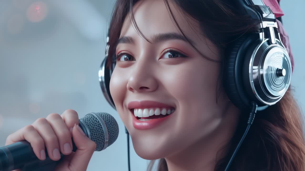 Starting recording singer singing into microphone at studio with headphones and mic for vocal take