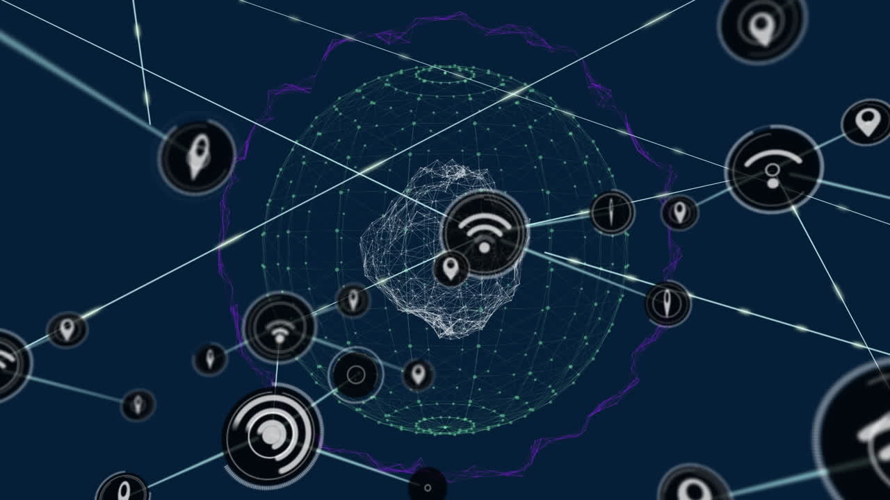 animación de iconos de marcador y wifi conectados con líneas sobre puntos que forman un globo sobre fondo azul