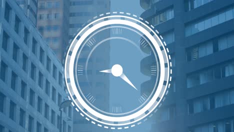 Animation-of-ticking-clock-icon-against-view-of-tall-buildings