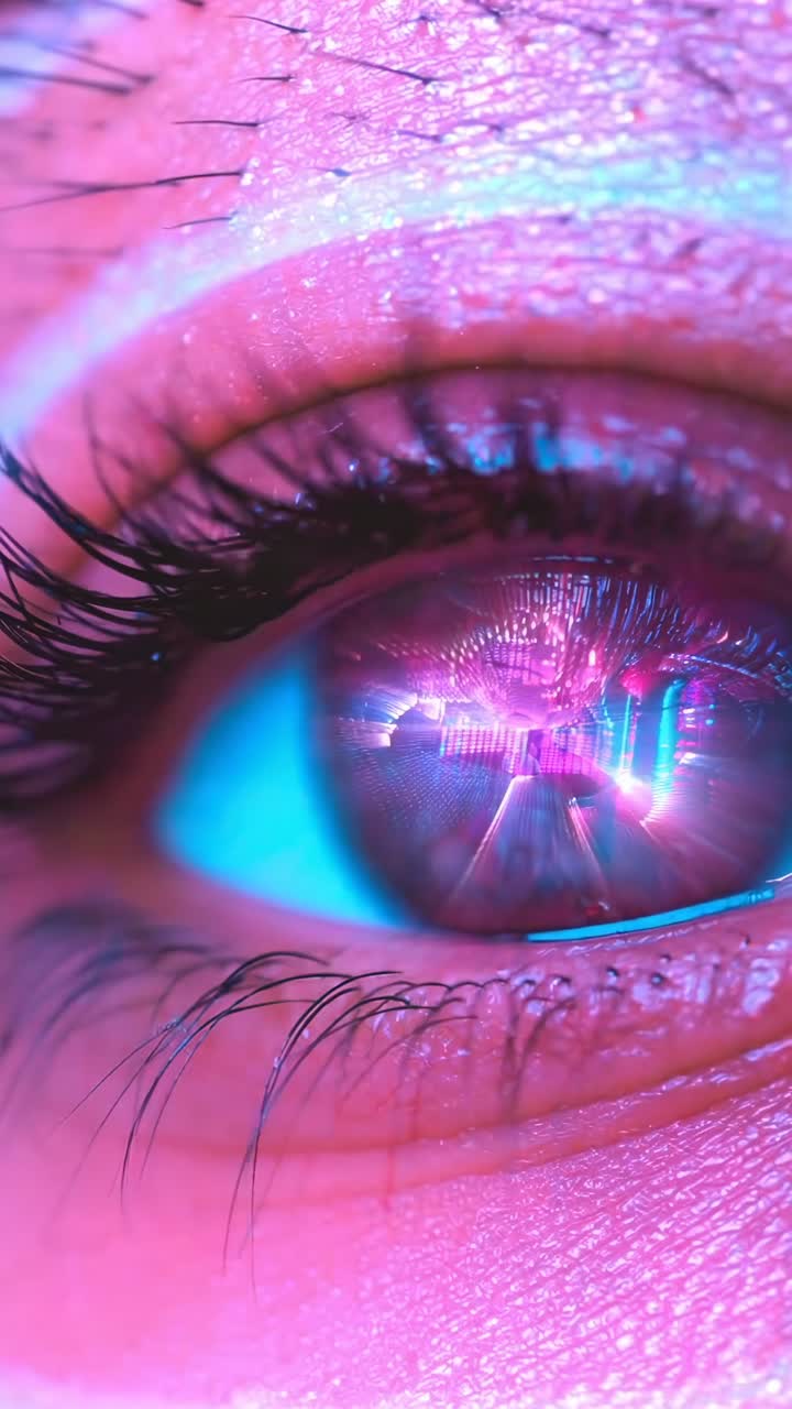 Close-up of Human Eye Reflecting Digital Data and Light