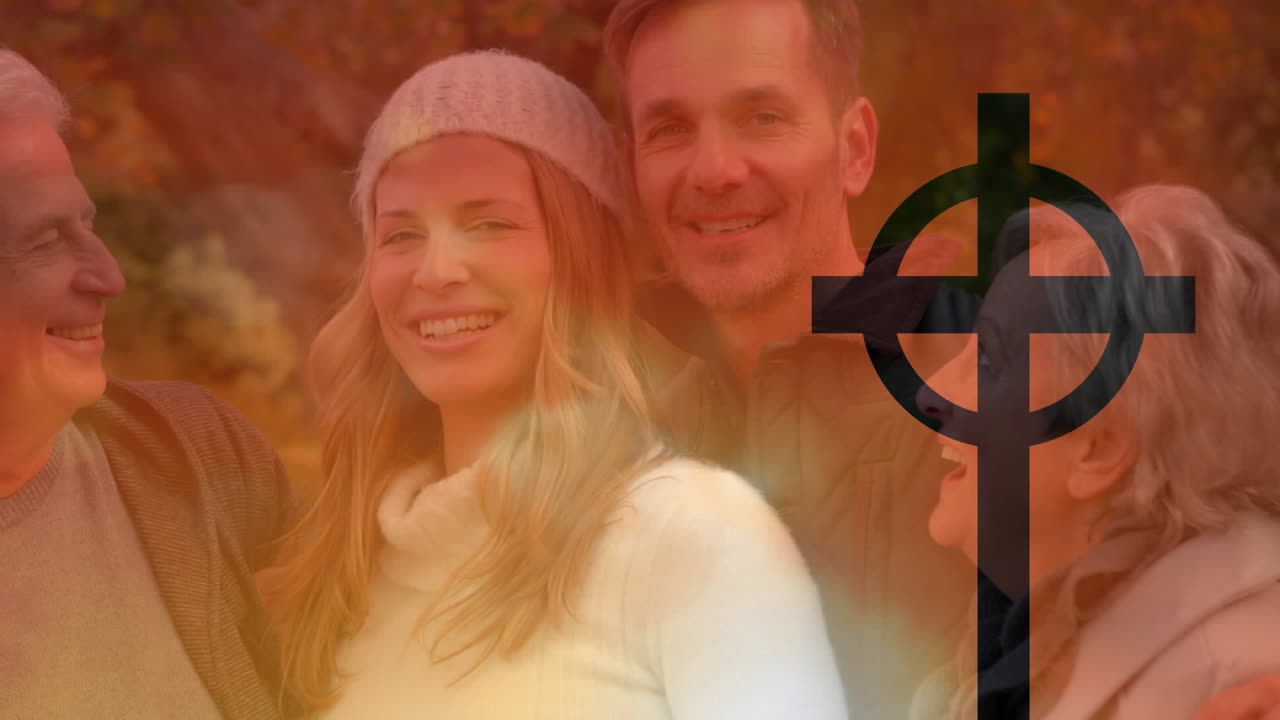 공원에서 행복한 백인 가족의 크로스 오버 애니메이션