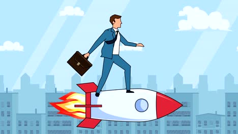 flat cartoon businessman character with case bag fly on rocket startup concept animation