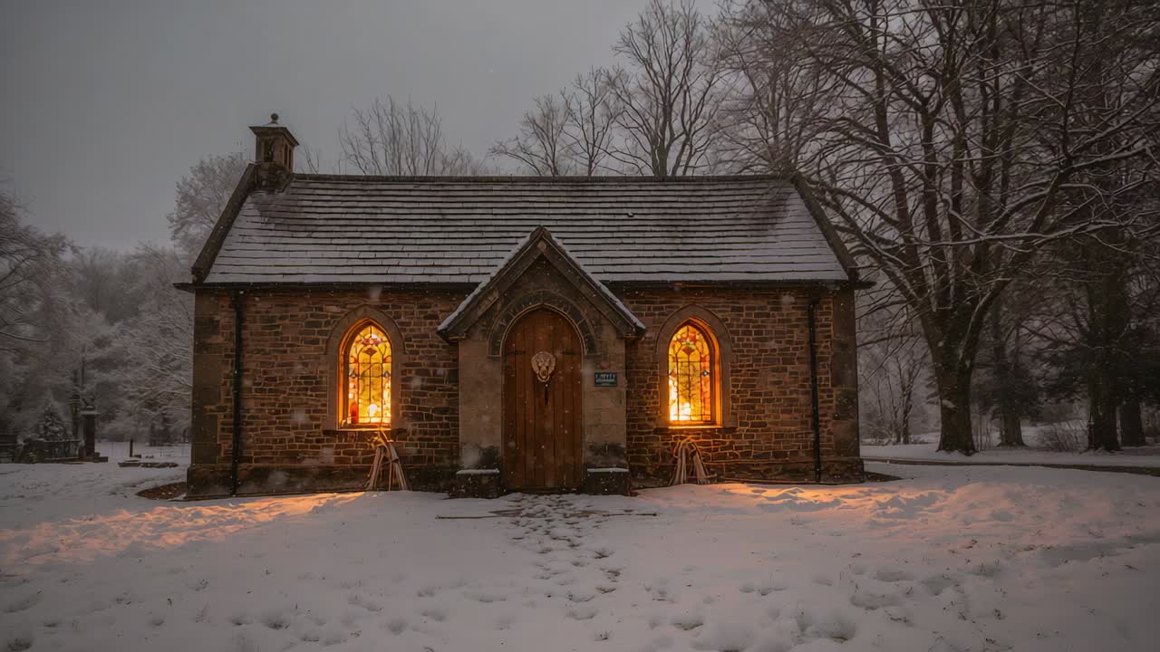 Fixed camera recording stone chapel emitting warm light in snowy yard, footprints stopping at steps