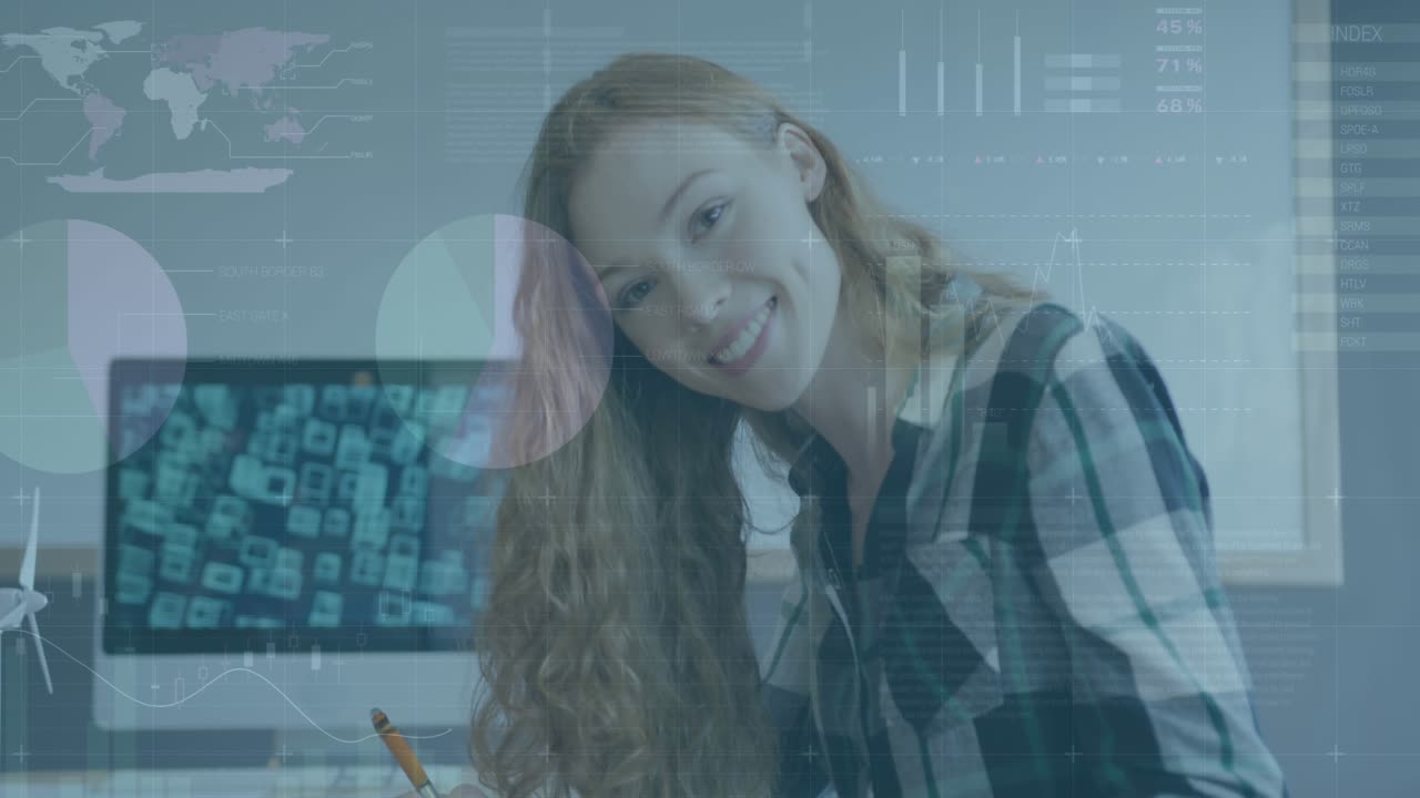 Animation of statistical data processing against portrait of caucasian woman smiling at office
