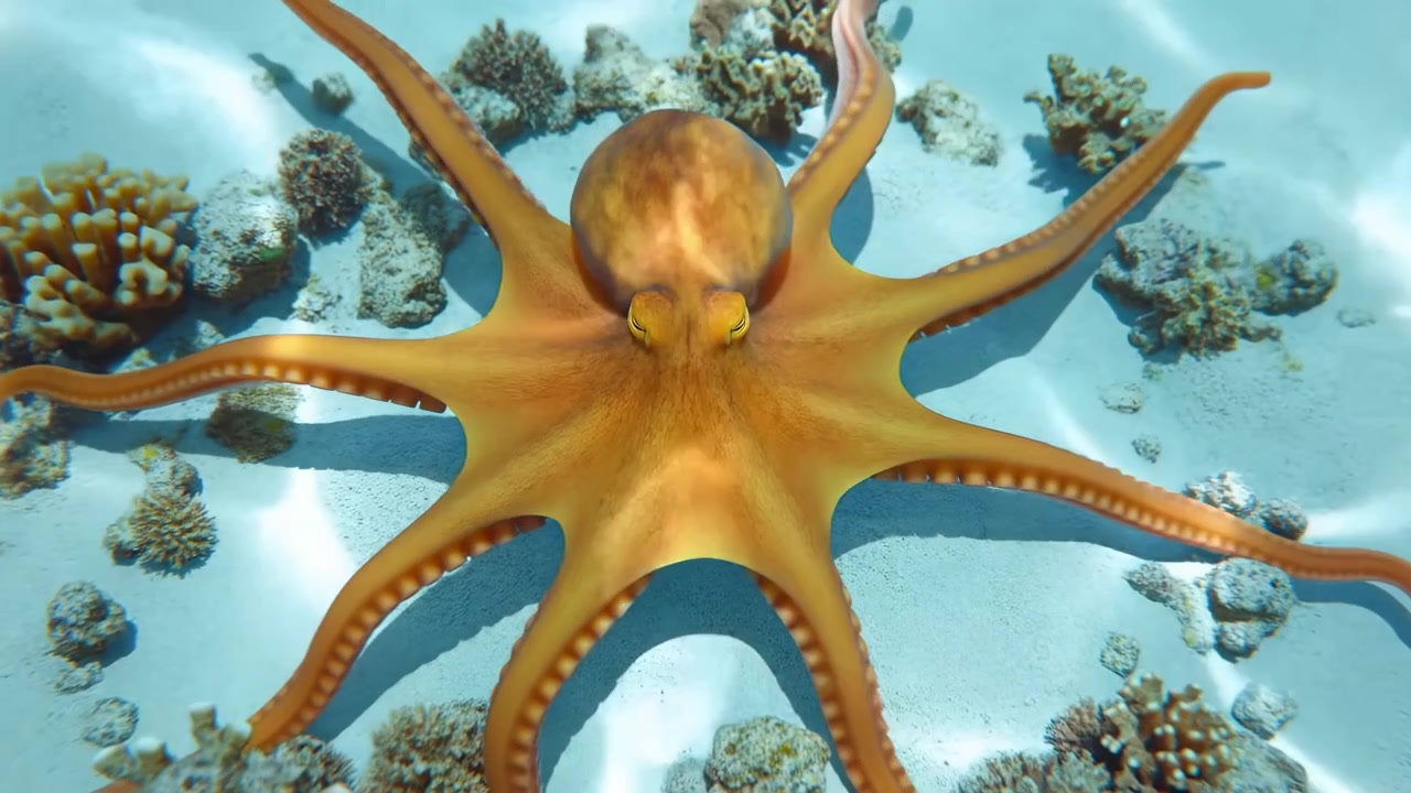 Un polpo marrone-arancio al centro che riposa su un fondale sabbioso chiaro con otto lunghe braccia affusolate che si irradiano verso l'esterno sopra frammenti di corallo sparsi, file visibili di ventose, texture lucida e bagnata, morbida