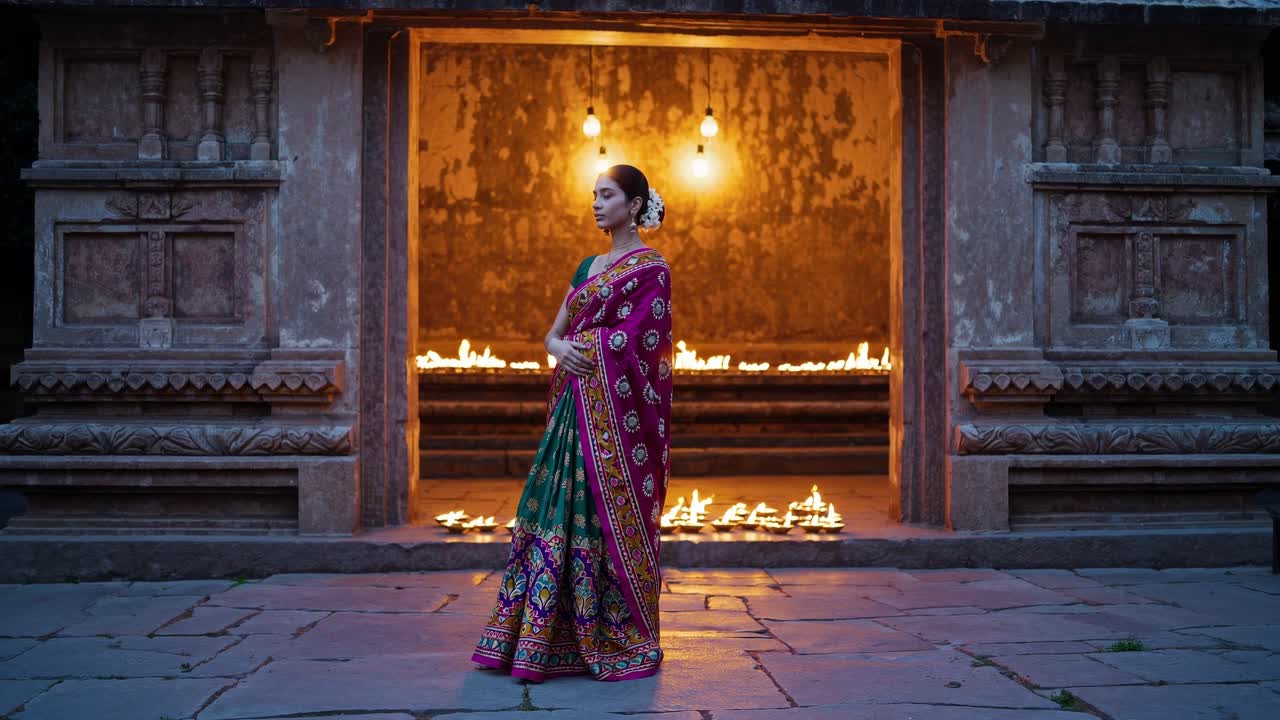 Elegant woman in vibrant traditional attire stands gracefully in a softly lit temple entrance, surrounded by flickering candles, embodying cultural beauty and serene ambiance