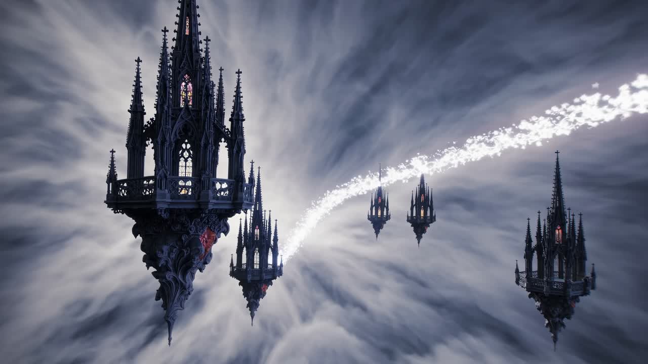 Gothic-style cathedrals hover in a surreal sky with a trail of white clouds suggesting motion and fantasy