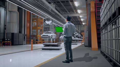 vista trasera del cuerpo completo de un trabajador profesional masculino asiático de pie en una fábrica de automóviles ev, instalación industrial de alta tecnología, escribiendo en el teclado de la computadora portátil con pantalla verde y mira la fábrica una vez