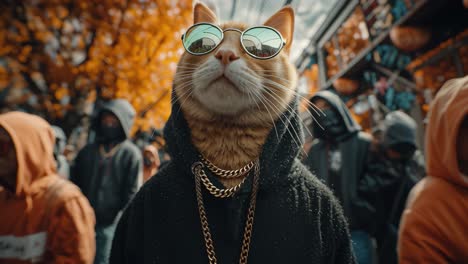 a cool cat in sunglasses and a hoodie with a gold chain in an urban setting