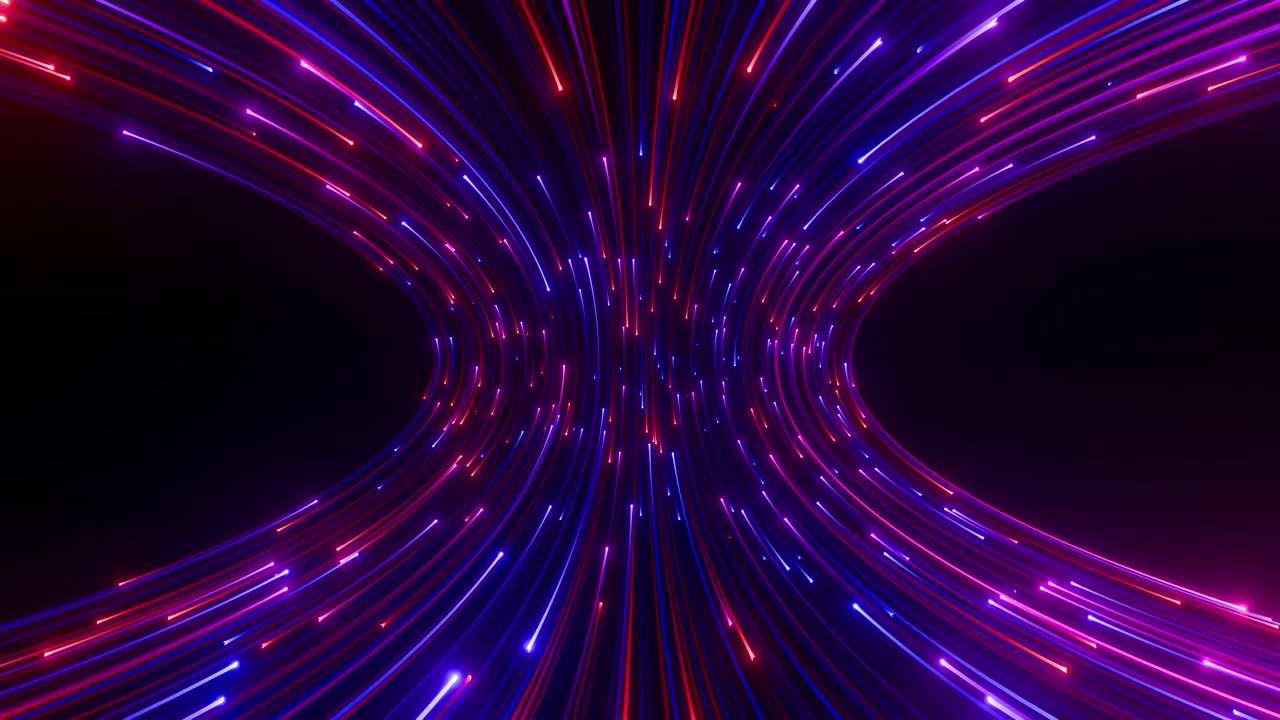 Futuristic digital data transmission through curved neon light trails