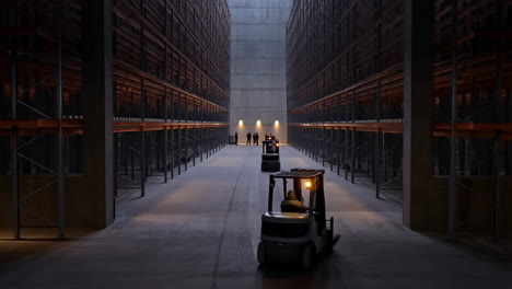 Modern Warehouse Interior with Forklifts and People in the Distance
