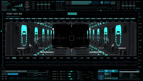 pantalla hud 4k movimiento nave espacial negra volando a través del concepto de puerta final. escena de ciencia ficción digital información de reporte de datos de paisaje del ciberespacio.