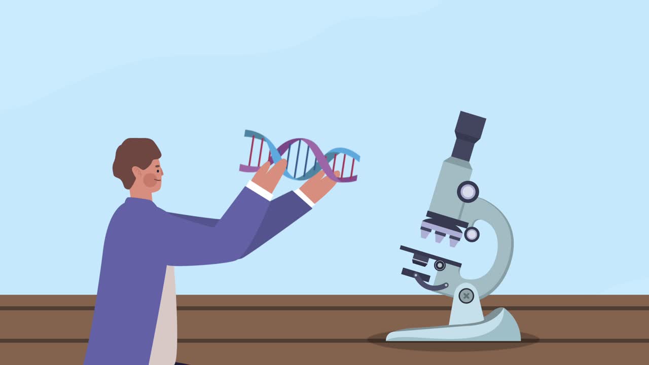 male scientist lifting dna molecule and microscope