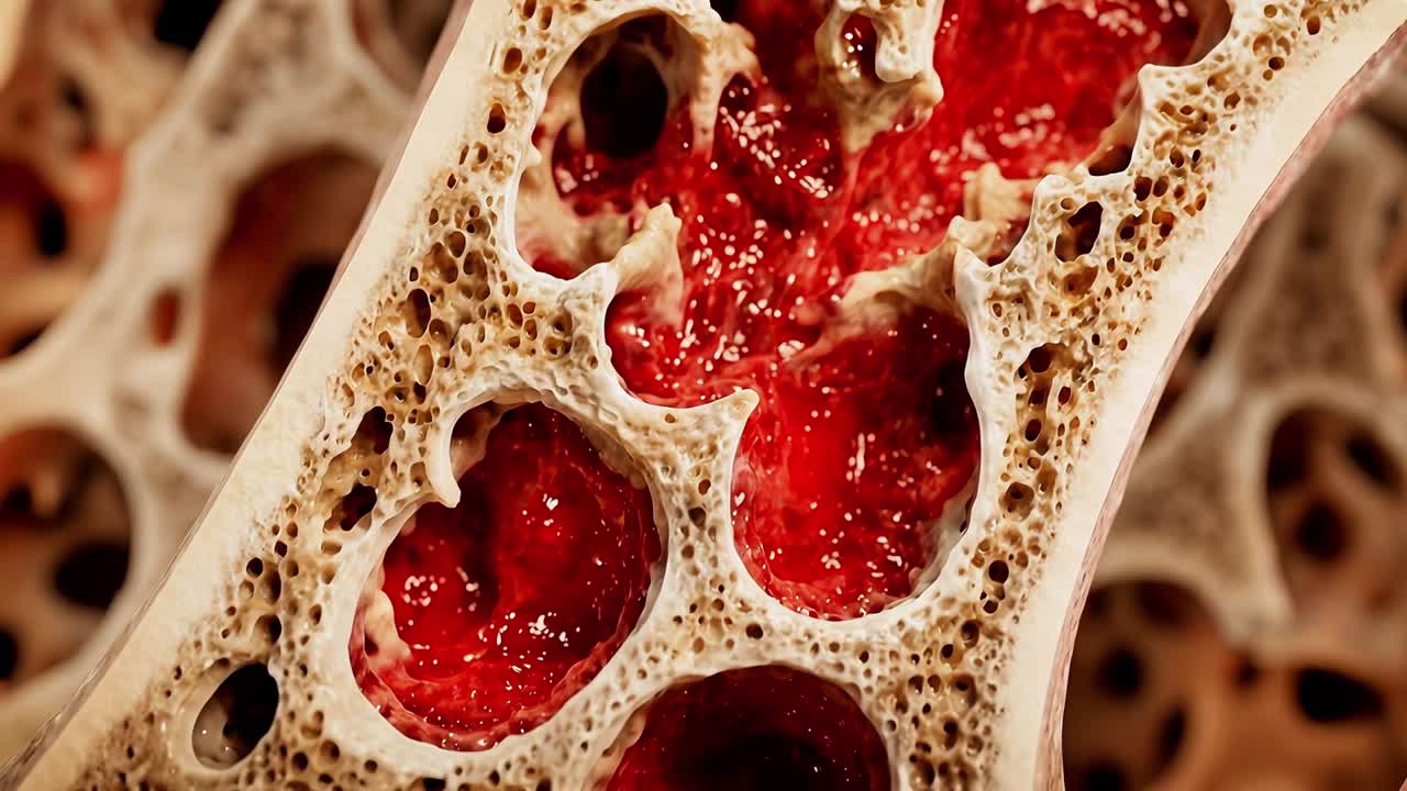 Red bone marrow flowing through porous trabecular bone cavities in a close-up medical anatomy view motion