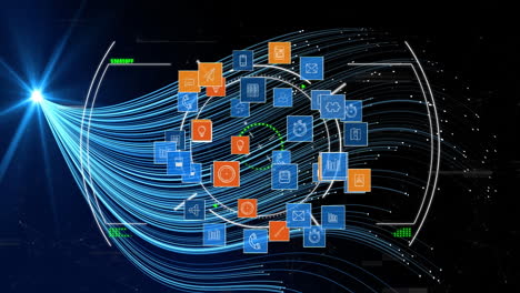 animation of globe with icons and network of connections over blue background