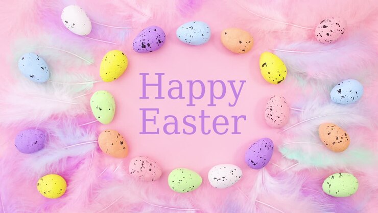 Happy Easter write inside of vibrant frame with eggs and feathers on pastel pink background. Stop motion