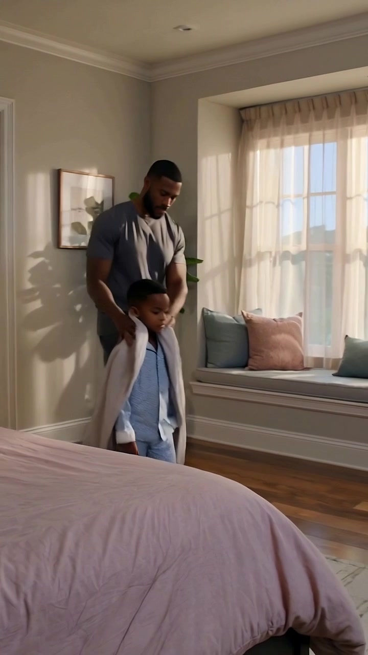 Vertical video: Entering dad draping robe on child in blue pajamas in bedroom, guiding for comfort