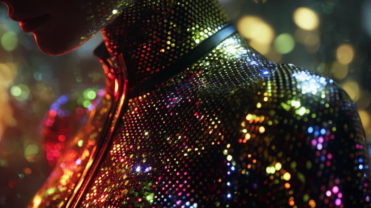 Captivating Close-Up of a Sparkling Figure in an Iridescent Attire, Illuminated with Vibrant Colors and a Dreamy Bokeh Background, Evoking a Magical and Futuristic Atmosphere