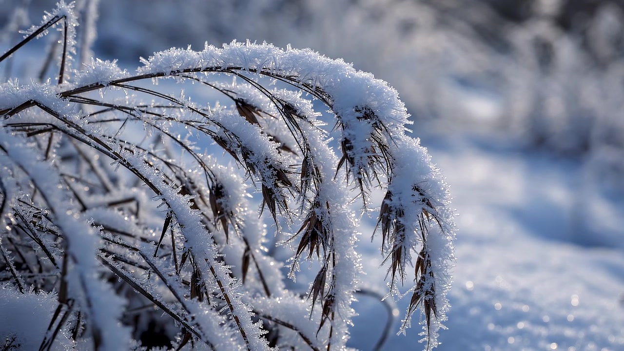 Givre cristallin recouvrant l'herbe sèche par un matin d'hiver ensoleillé.