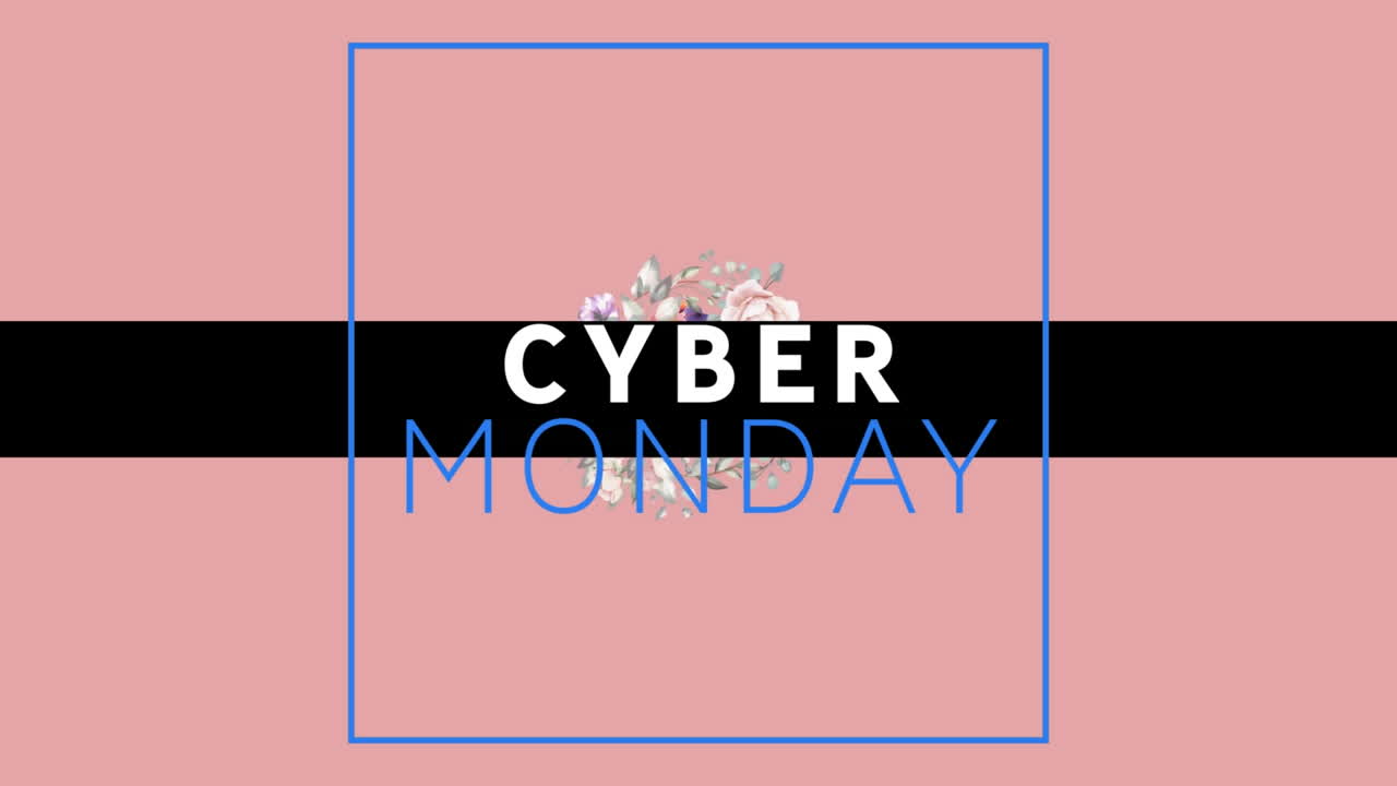 animación digital del banner de texto de cyber monday contra el diseño floral que gira sobre un fondo rosa