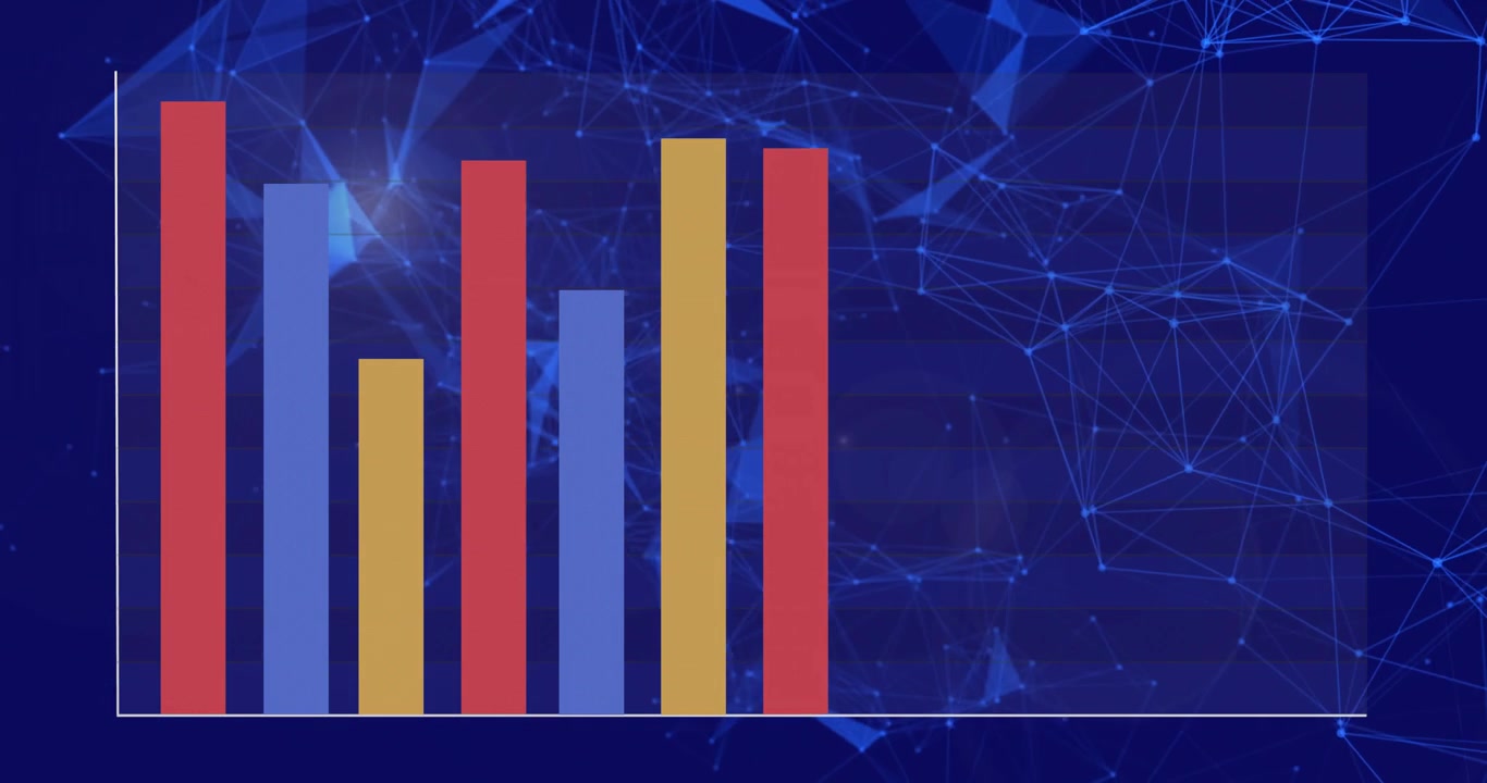 Animating bar chart showing red, light-blue, yellow bars on dark network with white axis and base