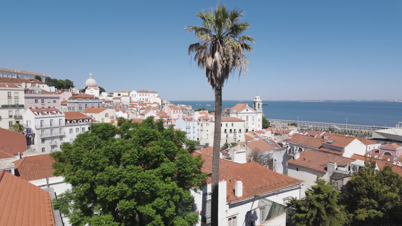 Tetti tradizionali arancioni e facciate bianche delle case di Lisbona che si estendono verso il Monastero di São Vicente de Fora e il fiume Tago sotto il cielo estivo