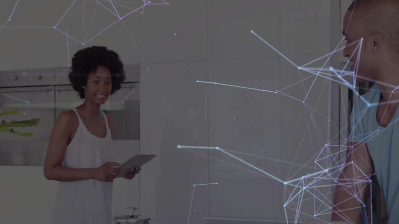 Woman holding pot lid and man leaning countertop, cooking kitchen tech with digital network overlay