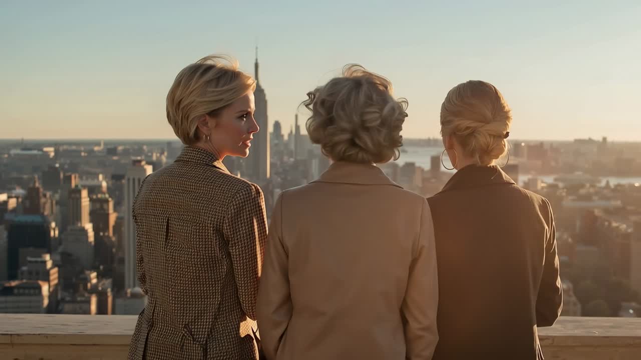 Reaccionando a una ráfaga de viento, tres mujeres girando hacia el horizonte en la terraza de la azotea, con abrigos formales.