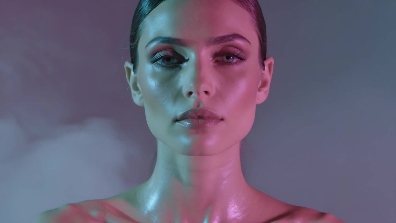 Illuminazione che suggerisce alla modella di abbassare le palpebre, mantenendo lo sguardo per uno scatto di bellezza, con gel magenta e ciano e fumo.
