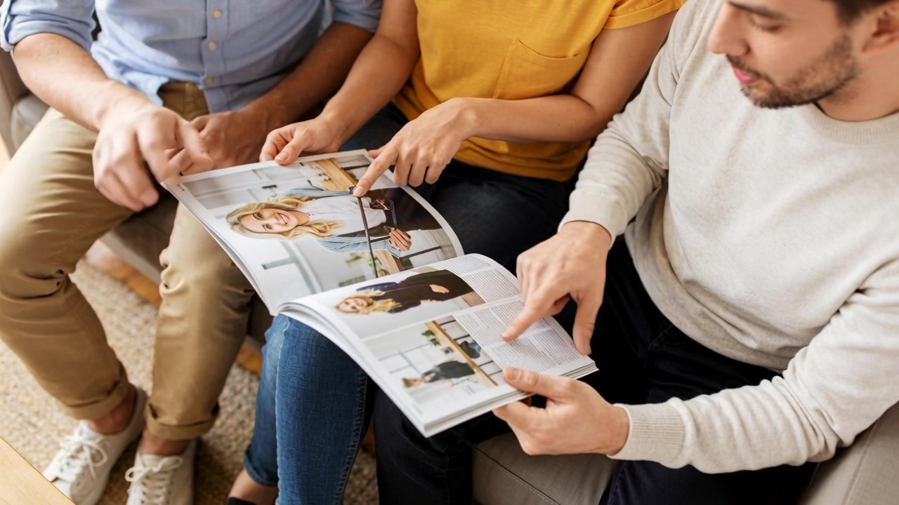 Tenant un magazine ouvert, trois adultes en jean montrant des photos sur un canapé, tournant la page en discutant