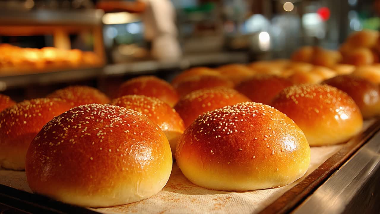Golden Brown Burger Buns Freshly Baked and Ready for Use, Showcasing Their Crisp Texture and Deliciously Soft Interior in a Bakery Setting Filled with Tempting Treats