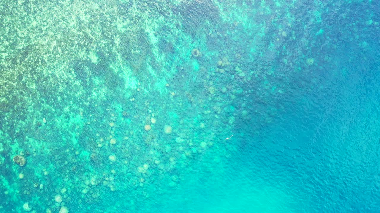 Sea texture with coral reefs and rocks under calm clear water of shallow turquoise lagoon near shore of tropical island, Vietnam