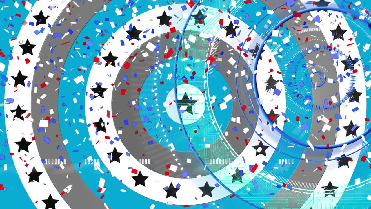 검은색과  ⁇ 색의 미국 국기 별과 원에 색칠 된 콘페티의 애니메이션