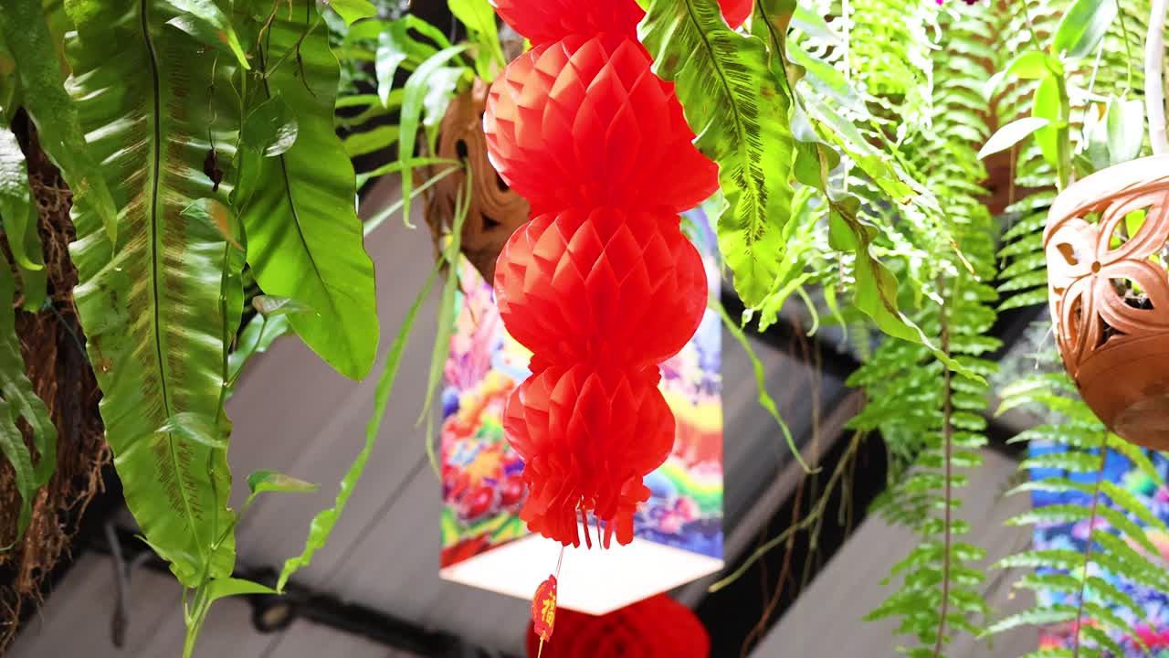 Bright red paper lanterns sway gently among lush green ferns, creating a vibrant and festive atmosphere in Phuket, Thailand