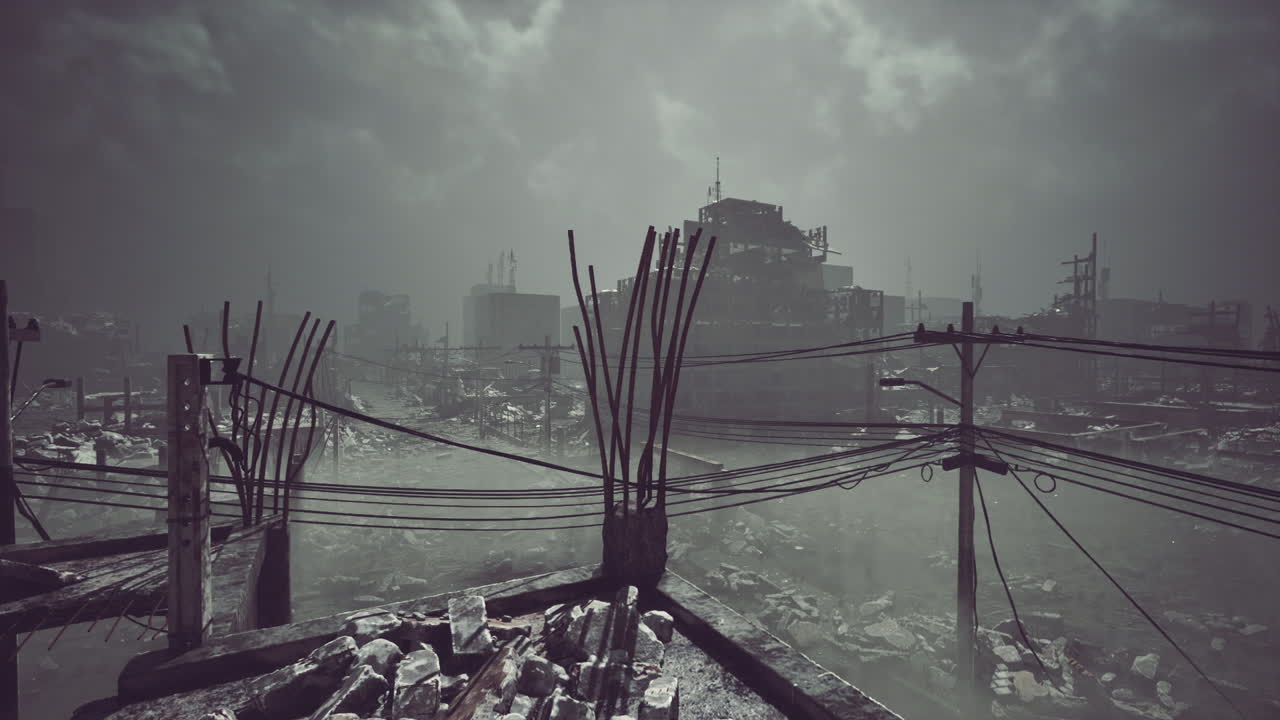 Urban landscape shows destruction after a natural disaster or conflict