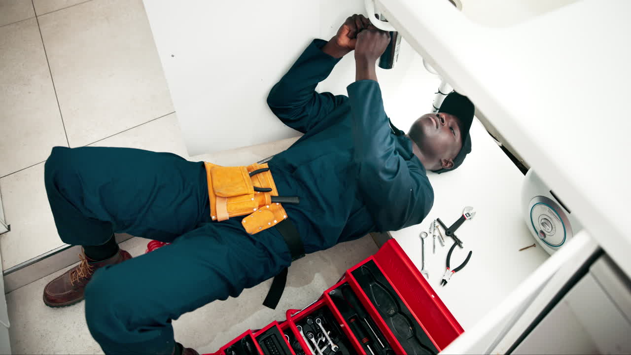 Plumber working under sink