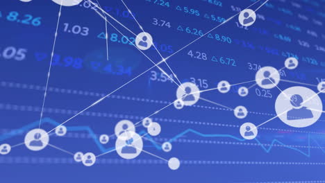 animation of financial data processing over network of connections with icons