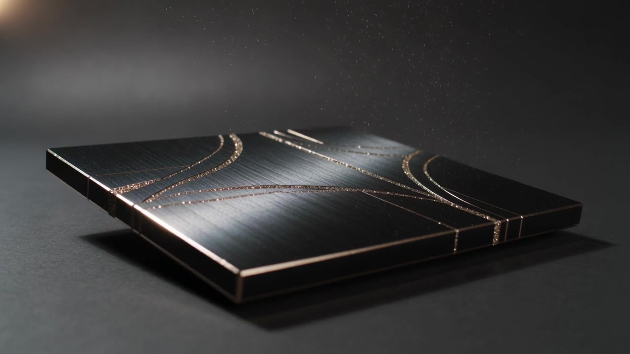 Tilting black panel after camera tilt showing brushed finish on table, left light sweeping inlay