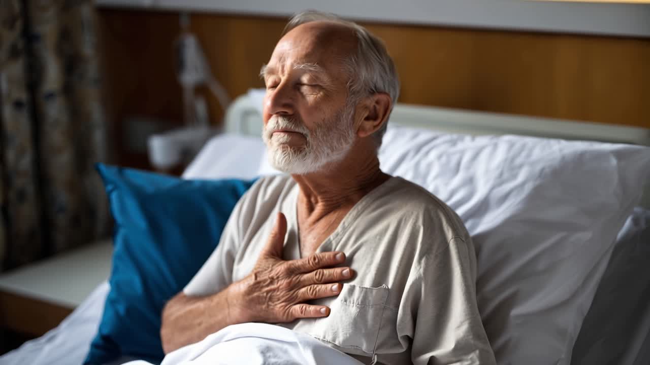 Senior man sits in bed, pensive, serene. He wears light-colored shirt, rests gently. One hand rests near chest, other on lap. He gazes softly, calm, thoughtful, quiet. Ideal for healthcare, retirement