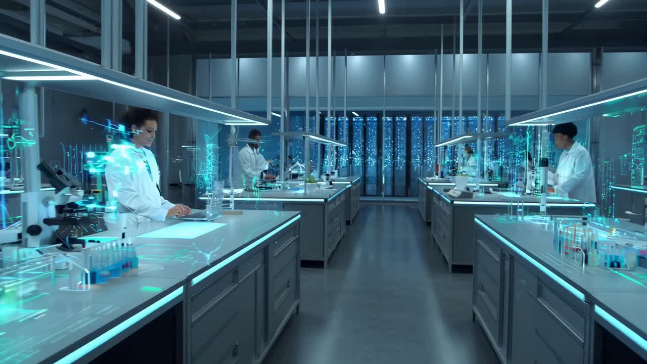 Futuristic lab video with a wide-angle view, showcasing scientists at work in a sleek, modern