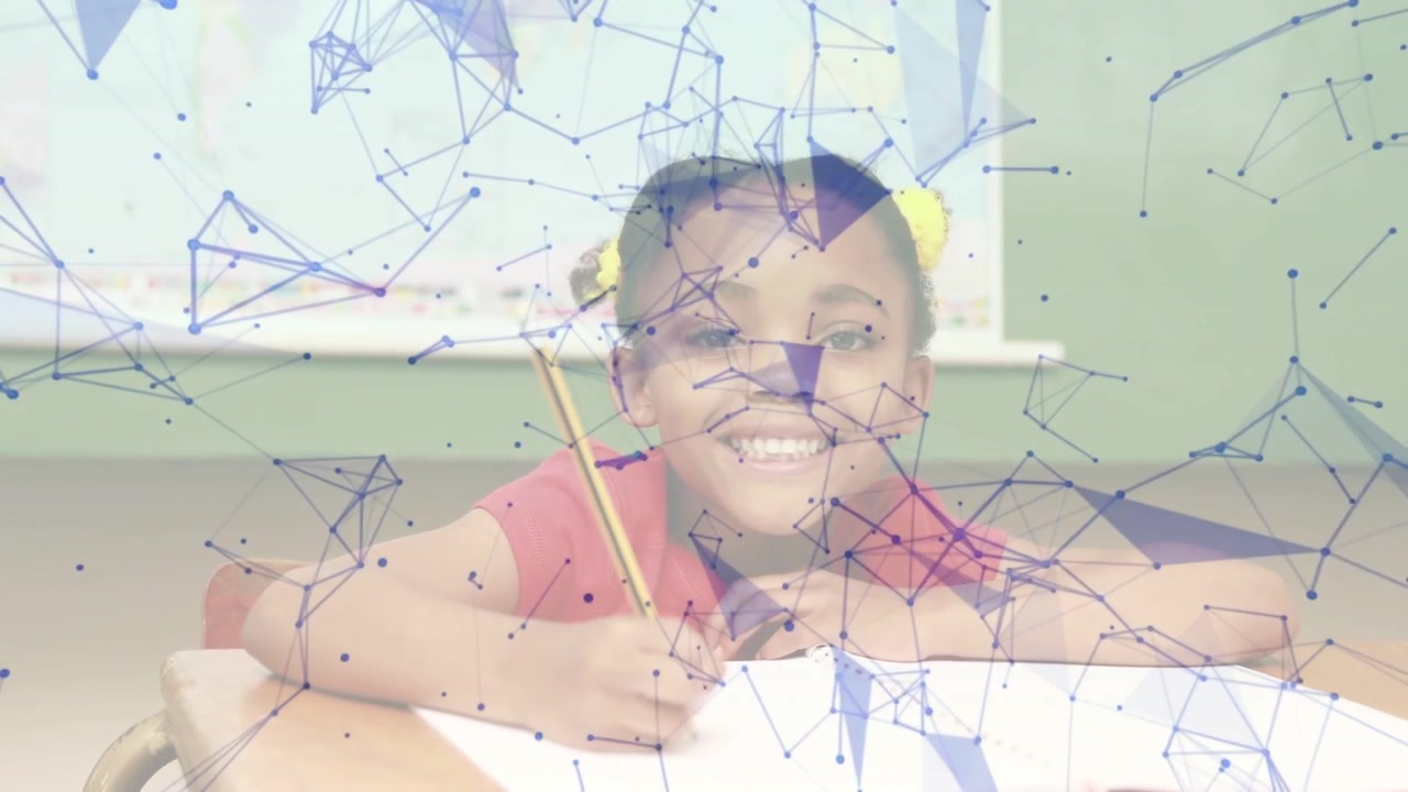 Girl writing on paper at school desk while blue network overlay appearing, finishing worksheet