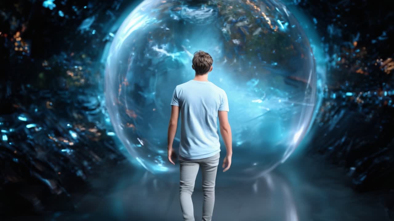 Uma Jornada Através de Dimensões: Uma Pessoa se Aproxima de um Portal Misterioso Cercado por Energia Vibrante e Elementos Cósmicos em um Cenário Futurista.