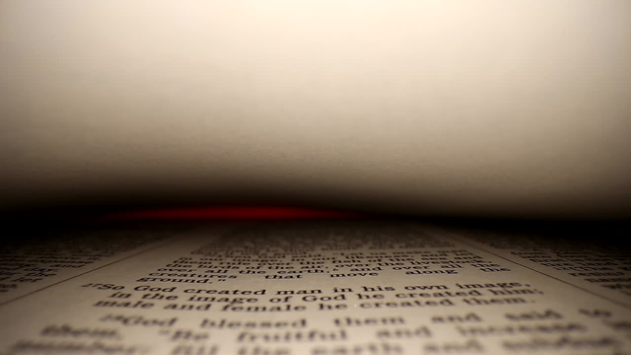 GENESIS-Quickly pushing lens into a book -then slowly gliding, a words eye view of the pages on both top -bottom