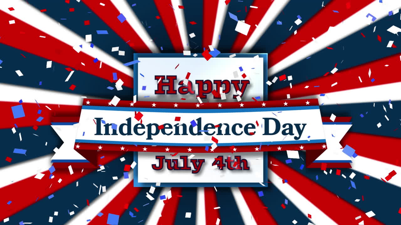 라디얼 배경에 행복한 독립 텍스트 배너 위에 떨어지는 콘페티의 디지털 애니메이션