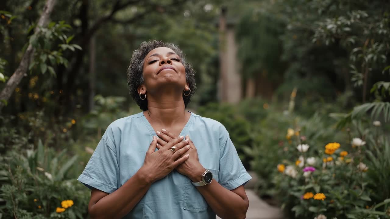 Mujer inhalando con uniforme médico azul claro tomando respiraciones tranquilas en un sendero de jardín, con reloj de pulsera.