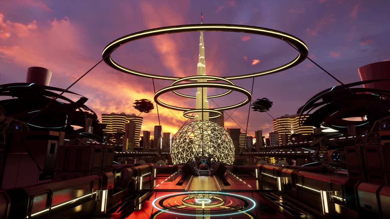 Retrofuturistic Landscape In Mid-Century Sci-Fi Style. Retro Science Fiction Scene With Futuristic City Buildings