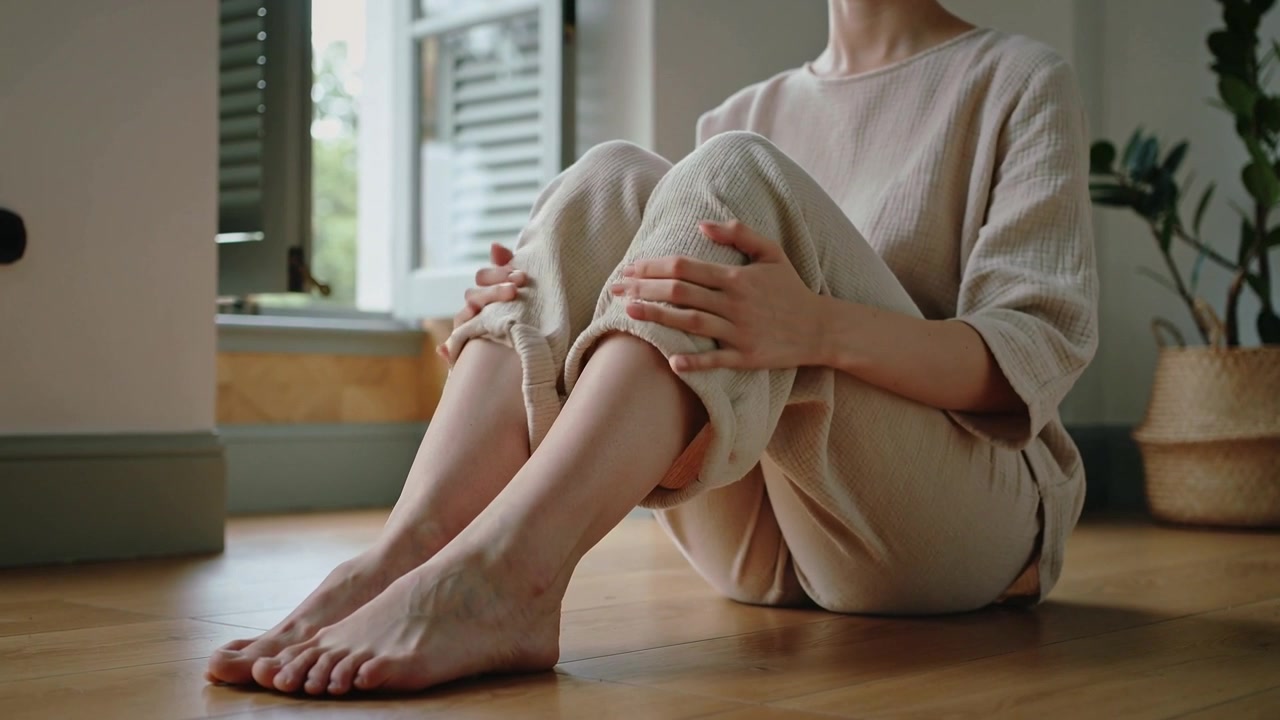 Donna in abbigliamento da casa beige che si sistema, afferrando i polpacci e aggiustando i risvolti dei pantaloni, accanto a una finestra aperta, con una pianta.