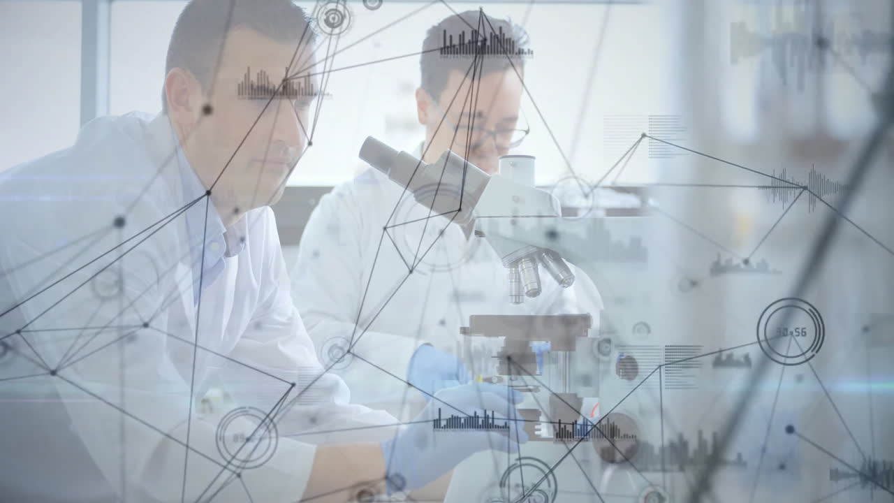 Analyzing data, scientists working with microscope and network connections in lab