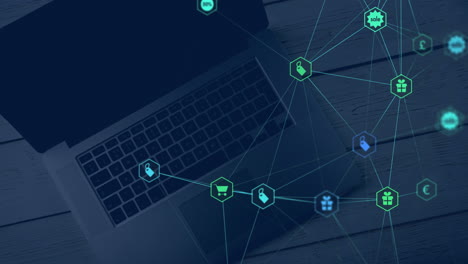 video compuesto digital de iconos de interfaz de redes sociales digitales contra el portátil en el fondo